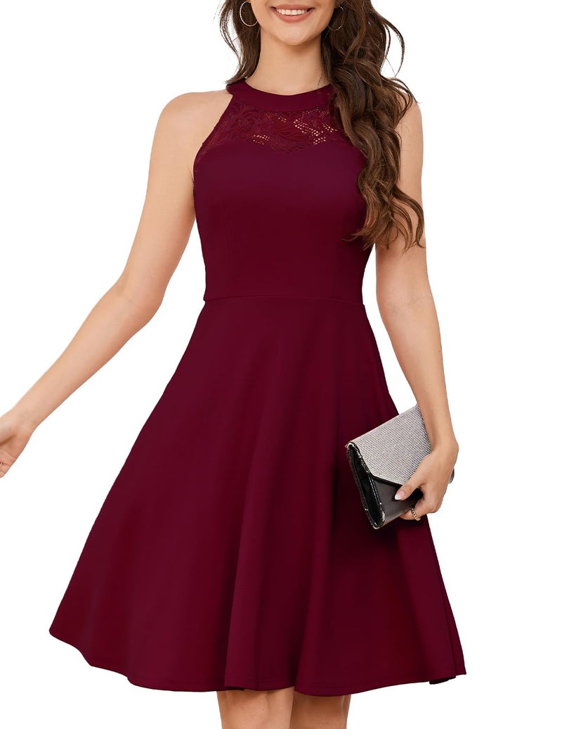 Bbonlinedress Vintage Burgundy Cocktail Women Wedding Guest Formal Homecoming Dresses Short Prom Bridesmaid Halter Dress Burgundy 2XL - Image 1